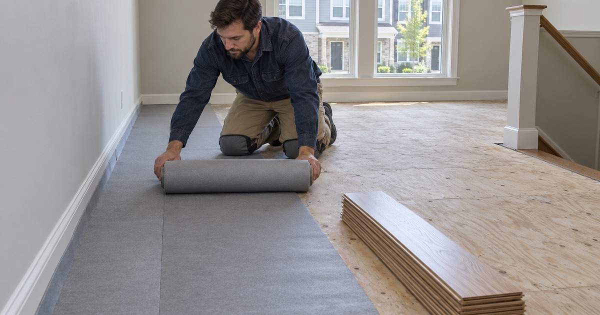 Worker unrolling underlayment across the plywood subfloor of a Broomfield townhome before new hardwood goes down.