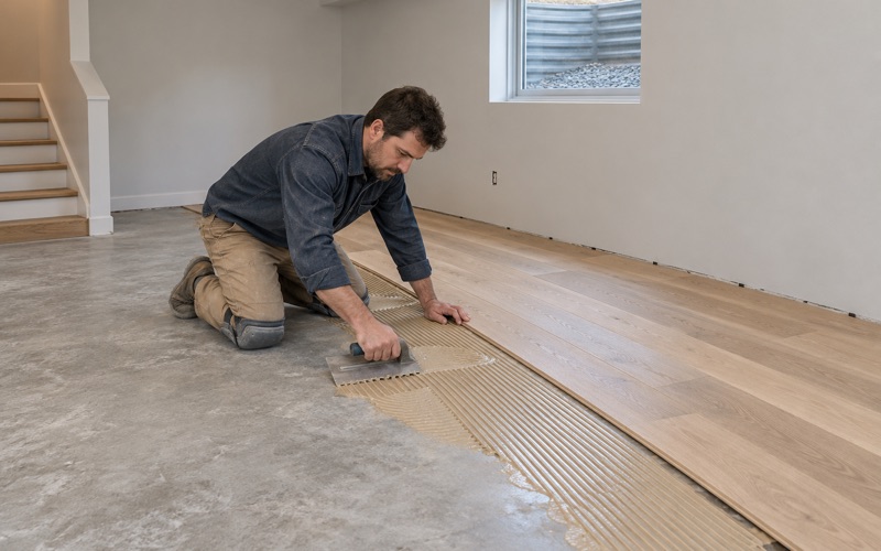 Worker troweling adhesive onto the concrete floor of a finished basement for engineered hardwood in a Broomfield home.