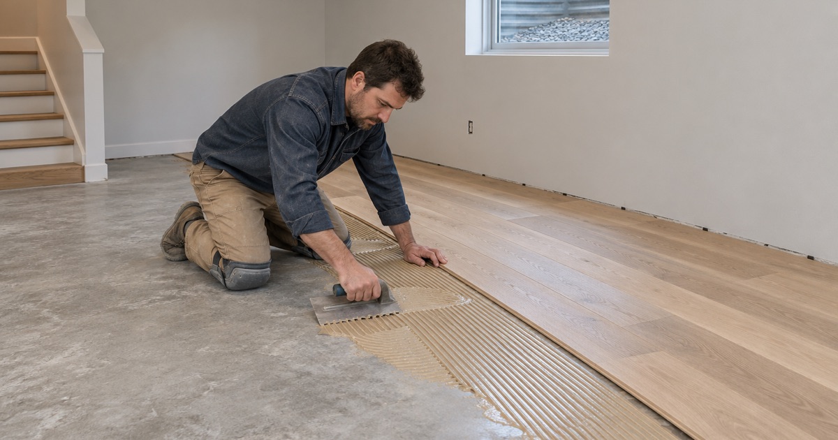 Worker troweling adhesive onto the concrete floor of a finished basement for engineered hardwood in a Broomfield home.