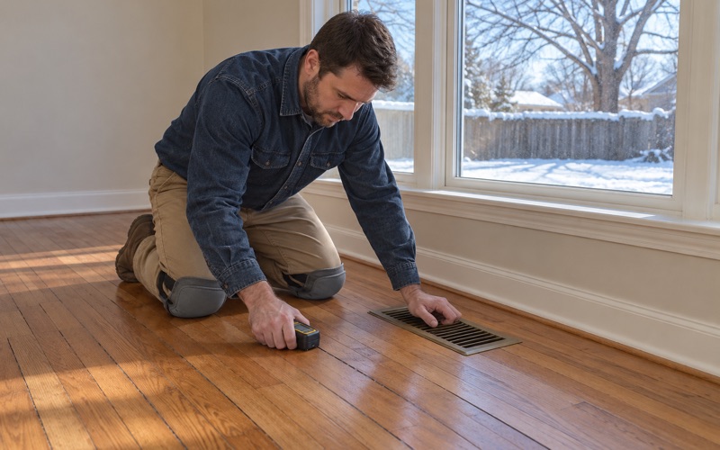 Worker pressing a moisture meter onto oak boards with winter gaps beside a floor register in a heated Broomfield house.