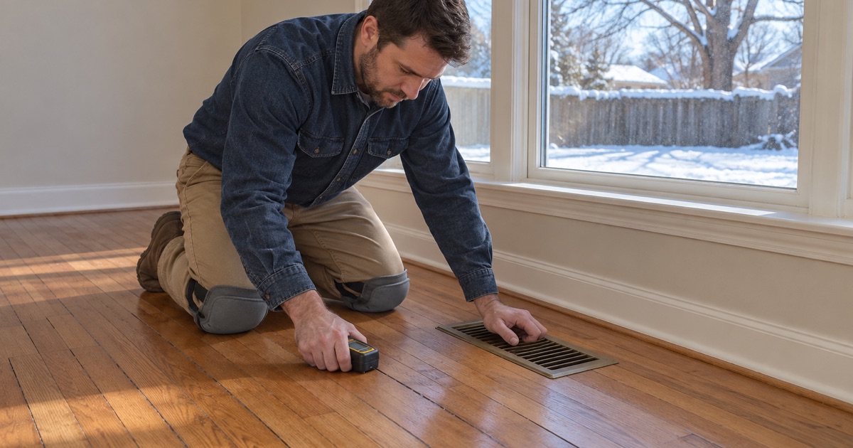 Worker pressing a moisture meter onto oak boards with winter gaps beside a floor register in a heated Broomfield house.