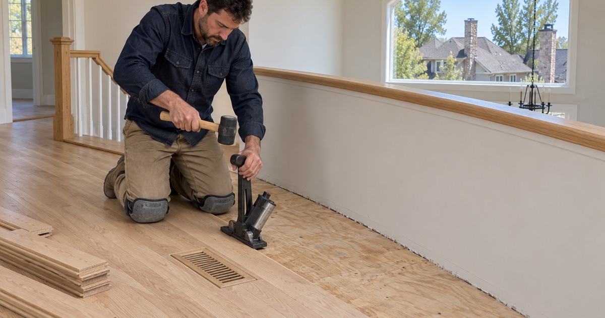 Worker nailing solid oak around a flush floor register in the upstairs loft of a new Broomfield house.