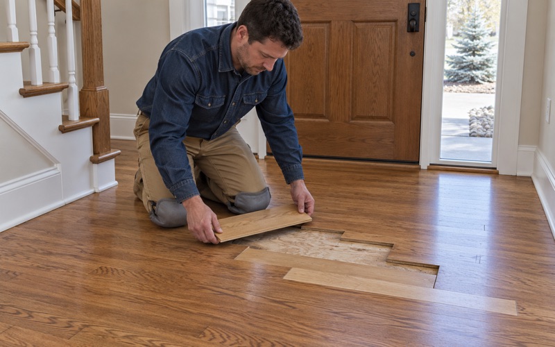 Worker lowering a replacement oak board into a staggered lace-in repair in the entry floor of a Broomfield house.