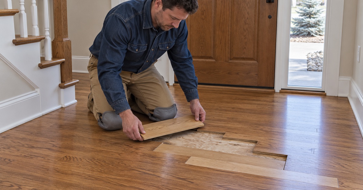 Worker lowering a replacement oak board into a staggered lace-in repair in the entry floor of a Broomfield house.