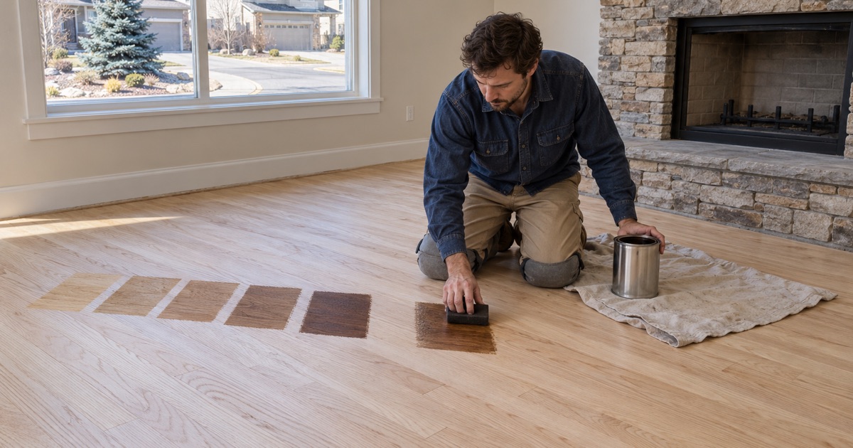 Worker wiping stain samples onto sanded oak so the owner can compare colors in their own light in a Broomfield home.