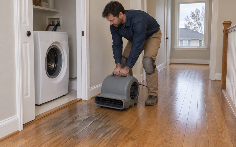 Worker positioning an air mover over cupped oak boards beside a laundry closet after a supply-line leak in a Broomfield house.