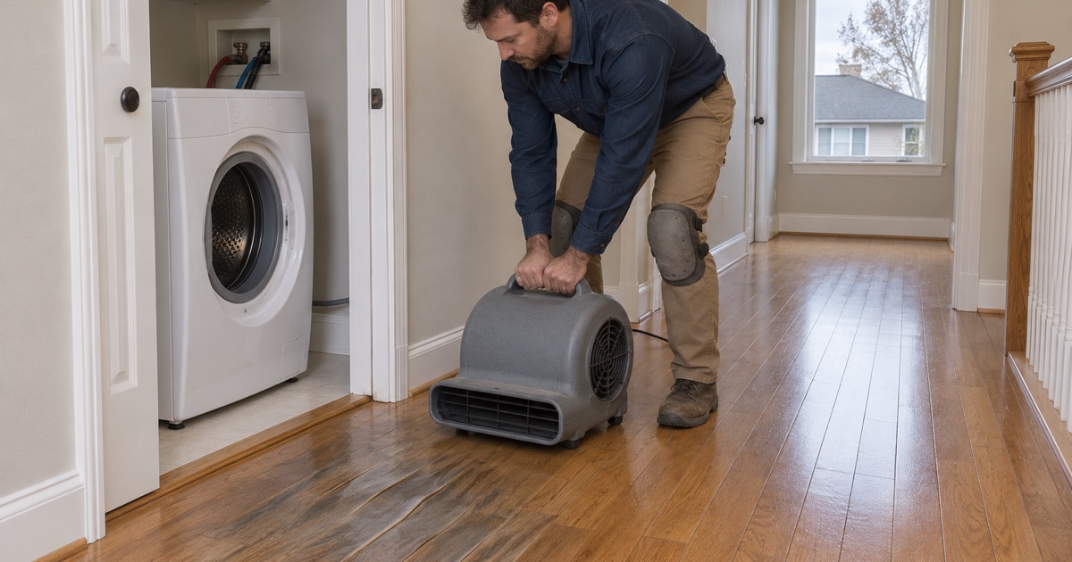 Worker positioning an air mover over cupped oak boards beside a laundry closet after a supply-line leak in a Broomfield house.