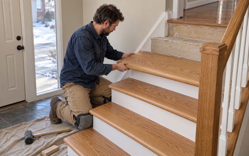 Worker setting a new oak tread with a rounded nose on the half-flight stair of a bi-level house in Broomfield.