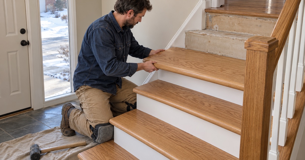 Worker setting a new oak tread with a rounded nose on the half-flight stair of a bi-level house in Broomfield.