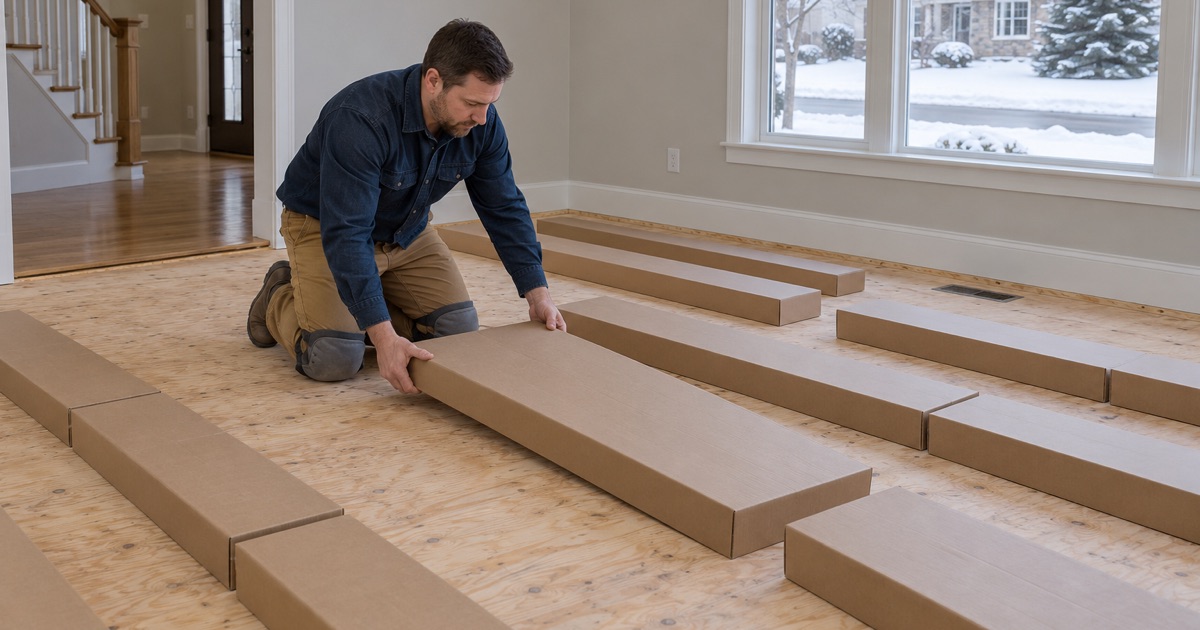 Worker setting cartons of new oak flooring flat to acclimate in the empty living room of a Broomfield house in winter.
