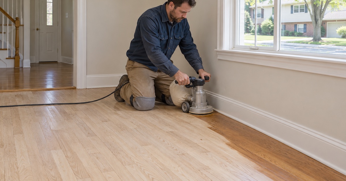 Worker running an edger along the baseboard where orange-toned oak is being sanded back to natural color in a Broomfield home.
