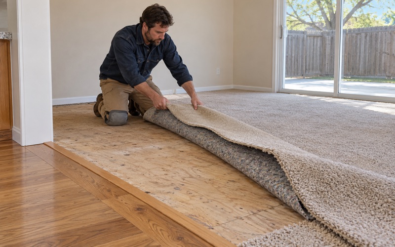 Worker peeling a cut strip of carpet back from a family room where new oak already covers the kitchen floor in a Broomfield house.