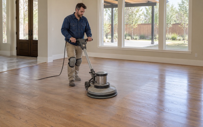 Worker running a floor buffer with a screen pad across a sound oak floor before a fresh coat of finish in a Broomfield home.