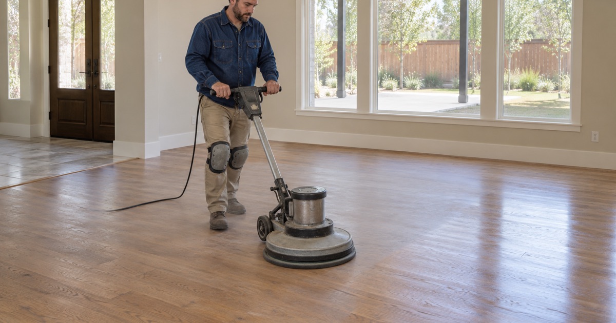 Worker running a floor buffer with a screen pad across a sound oak floor before a fresh coat of finish in a Broomfield home.