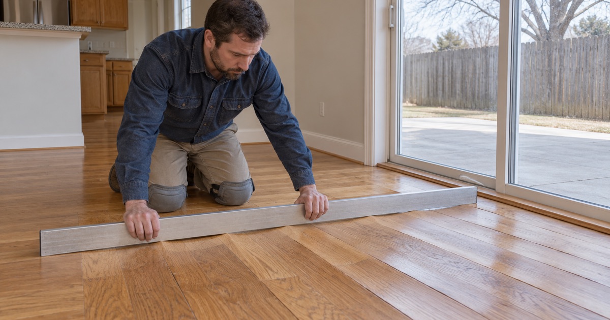Worker laying a long straightedge across cupped oak boards to show the dip between their edges in a Broomfield kitchen.