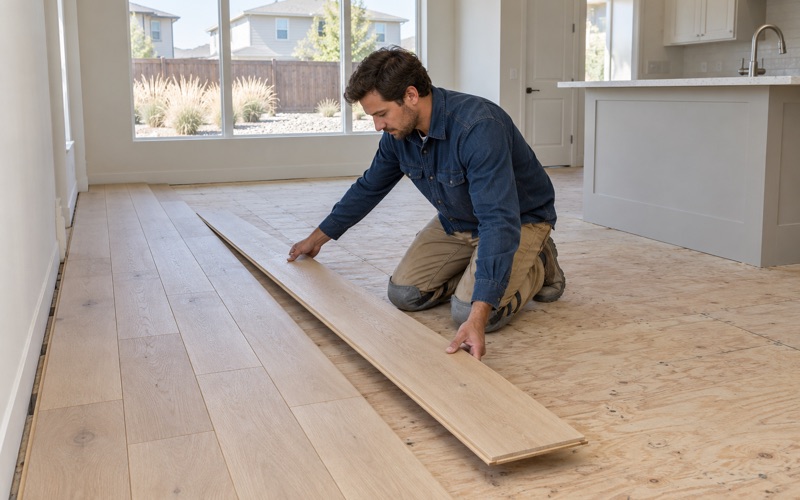Worker laying out a dry row of wide white oak planks on a plywood subfloor in the great room of a Broomfield house.