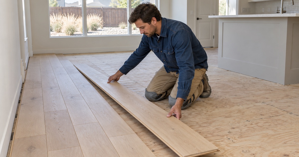 Worker laying out a dry row of wide white oak planks on a plywood subfloor in the great room of a Broomfield house.
