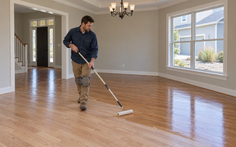 Worker walking backwards while rolling clear finish across sanded oak in the dining room of a Broomfield house.