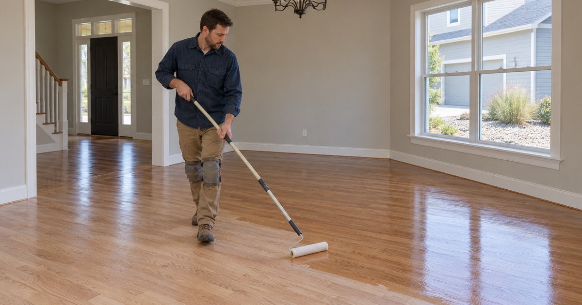 Worker walking backwards while rolling clear finish across sanded oak in the dining room of a Broomfield house.