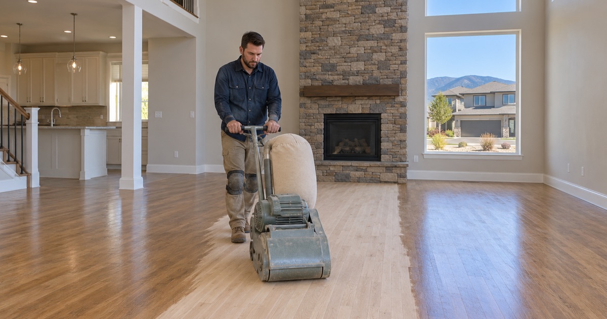 Worker guiding a drum sander along red oak flooring in the two-story great room of a 2000s house in Broomfield.